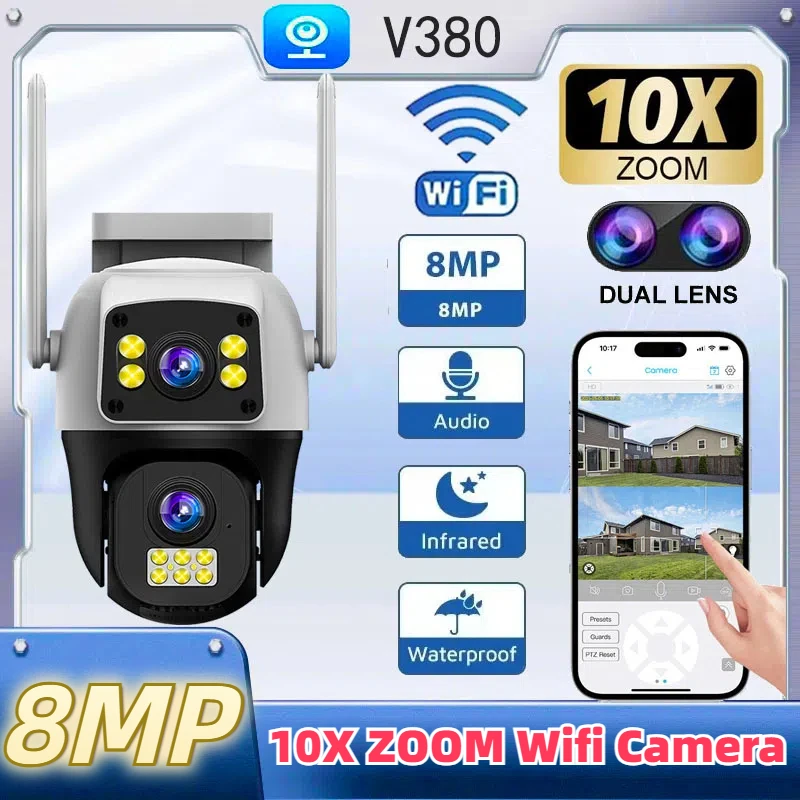 

8MP 4K HD Wifi Security Camera Dual Lens Surveillance PTZ 10X Zoom Motion Detect night vision outdoor home surveillance cameras