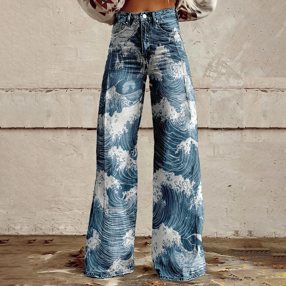 

Women's Japan Harajuku Wave Print Casual Wide Leg Pants Vintage Color Sea Summer Trousers Funny Soft Flare Pants Plus Size