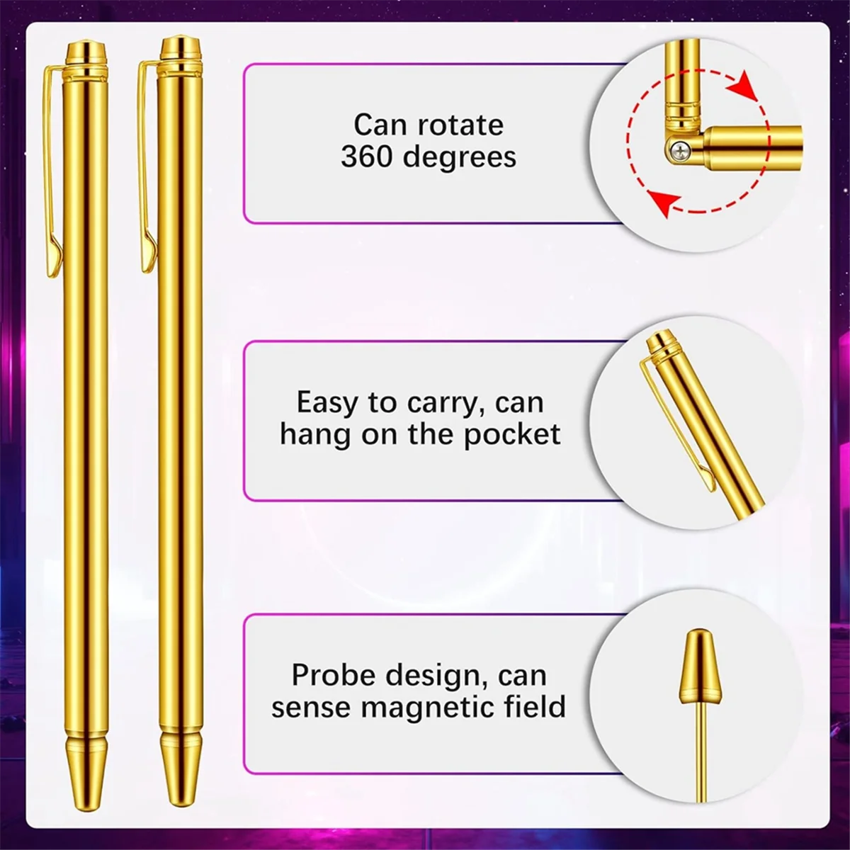 3 pezzi di bacchette divinanti in rame e pendolo di rabdomanzia, 2 aste di divinazione parabolica retrattili e 1 ciondolo a pendolo in oro