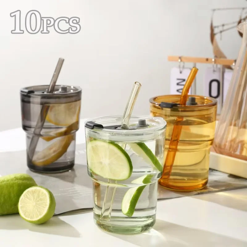 10PCS 400ml Ins Coffee Glass Lid Straw Water Cup Good-looking Ice American Latte Milk Cup Summer Traveltour Drinkware Accessory