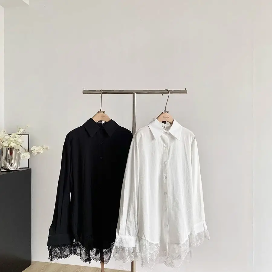 Camicia francese elegante in pizzo gotico da donna Camicetta nera a maniche lunghe primavera autunno con cintura Top chic coreani vintage slim fit Novità