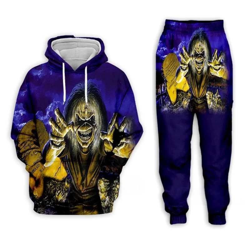 Conjunto de Sudadera con capucha y pantalones con estampado 3d de calavera de Metal pesado para hombre, chándal de Hip Hop, traje de ropa informal para niños, Otoño e Invierno