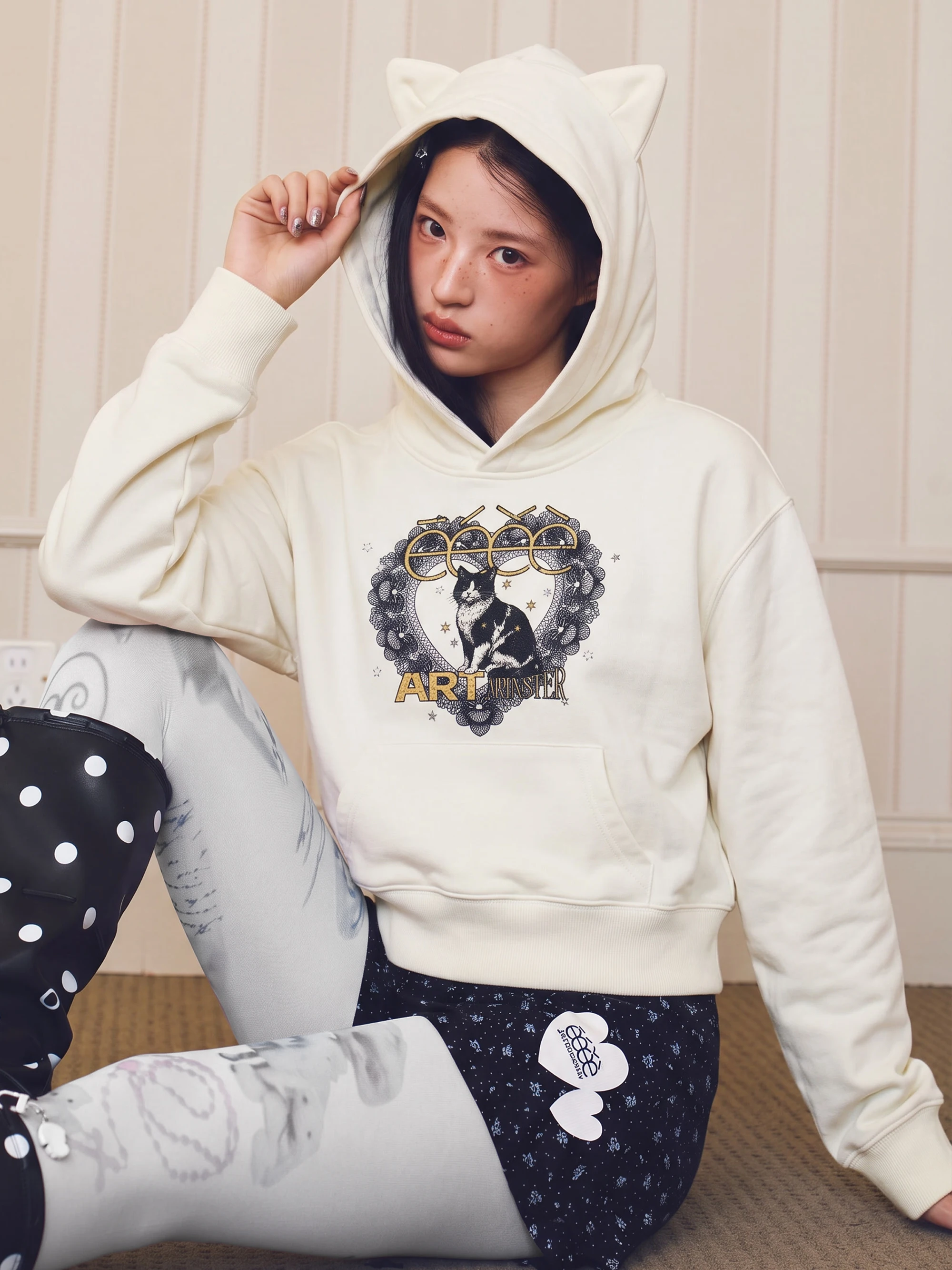 Elegant  Ear Hoodie Sweatshirt Cute Design Printed Love Heart Kitty Thermal Star Cap Shirt for Girls Standard Fit Digital ...
