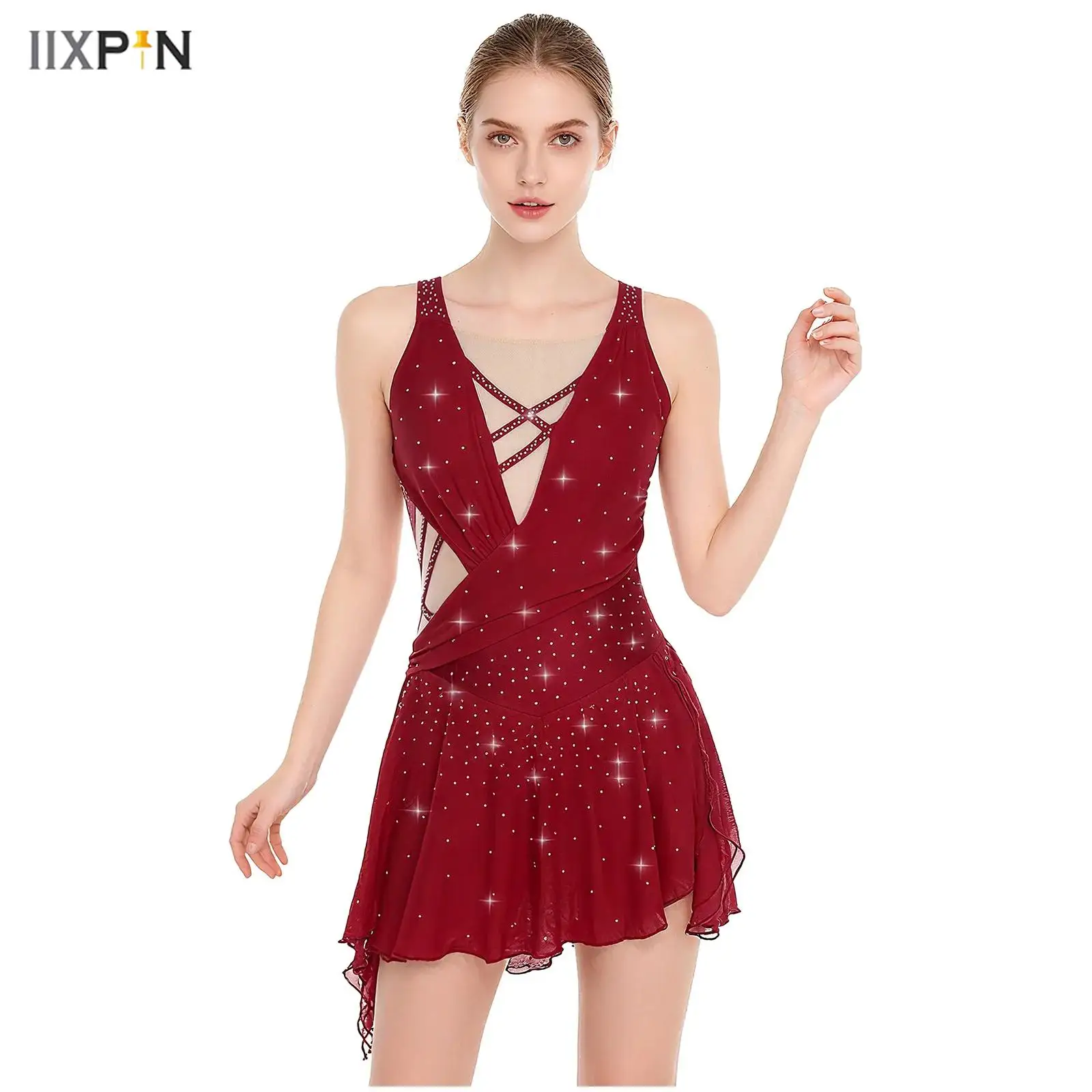

Womens Lyrical Ballet Dance Dress Rhinestones Straps Backless Side Slit Flowy Asymmetrical Hem Crotch Press Buttons Briefs Dress