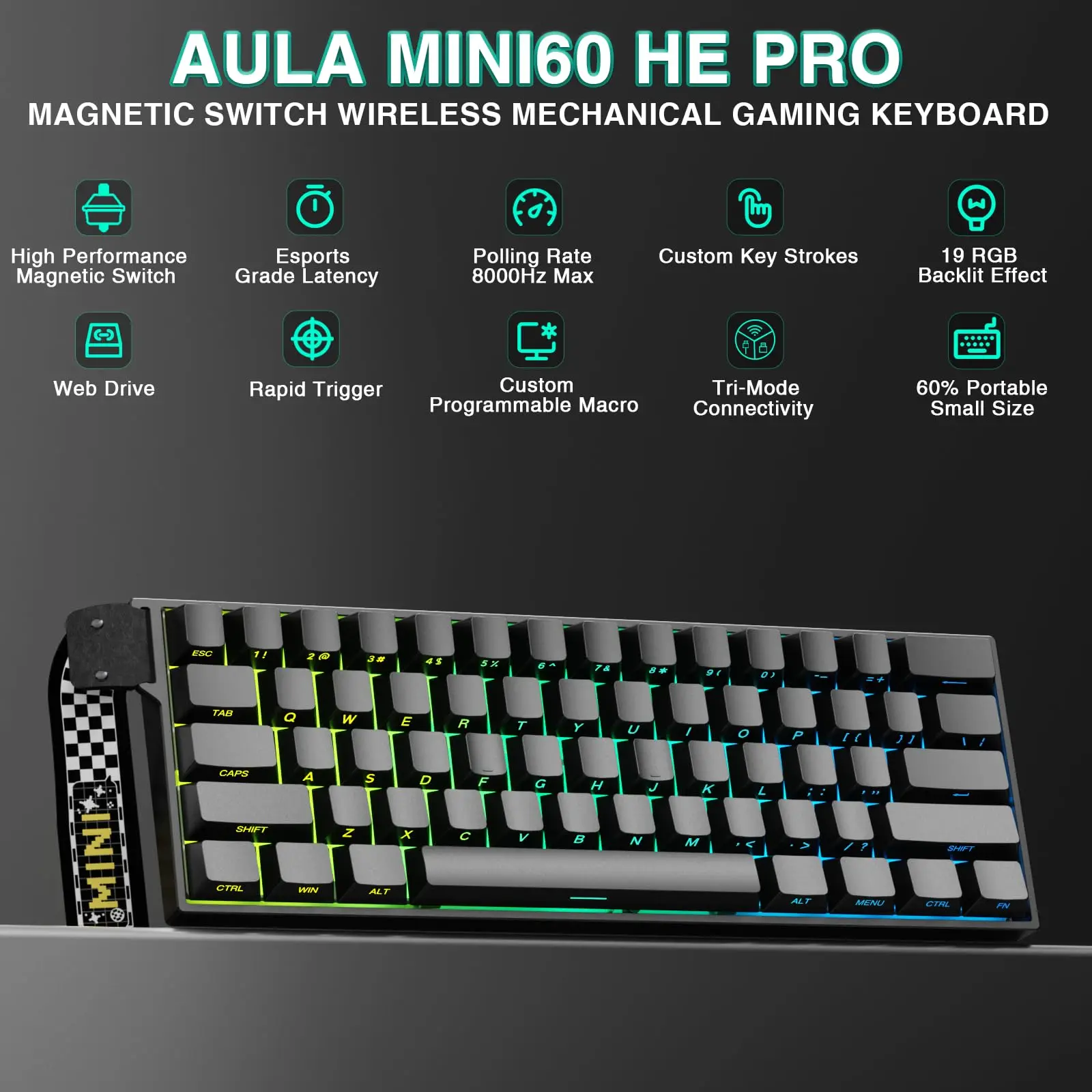 AULA MINI 60HE Magnetic Keyboard Wireless 60% Rapid Trigger 8K Return Esports Customize RGB Magnetic Switch Gaming Keyboard