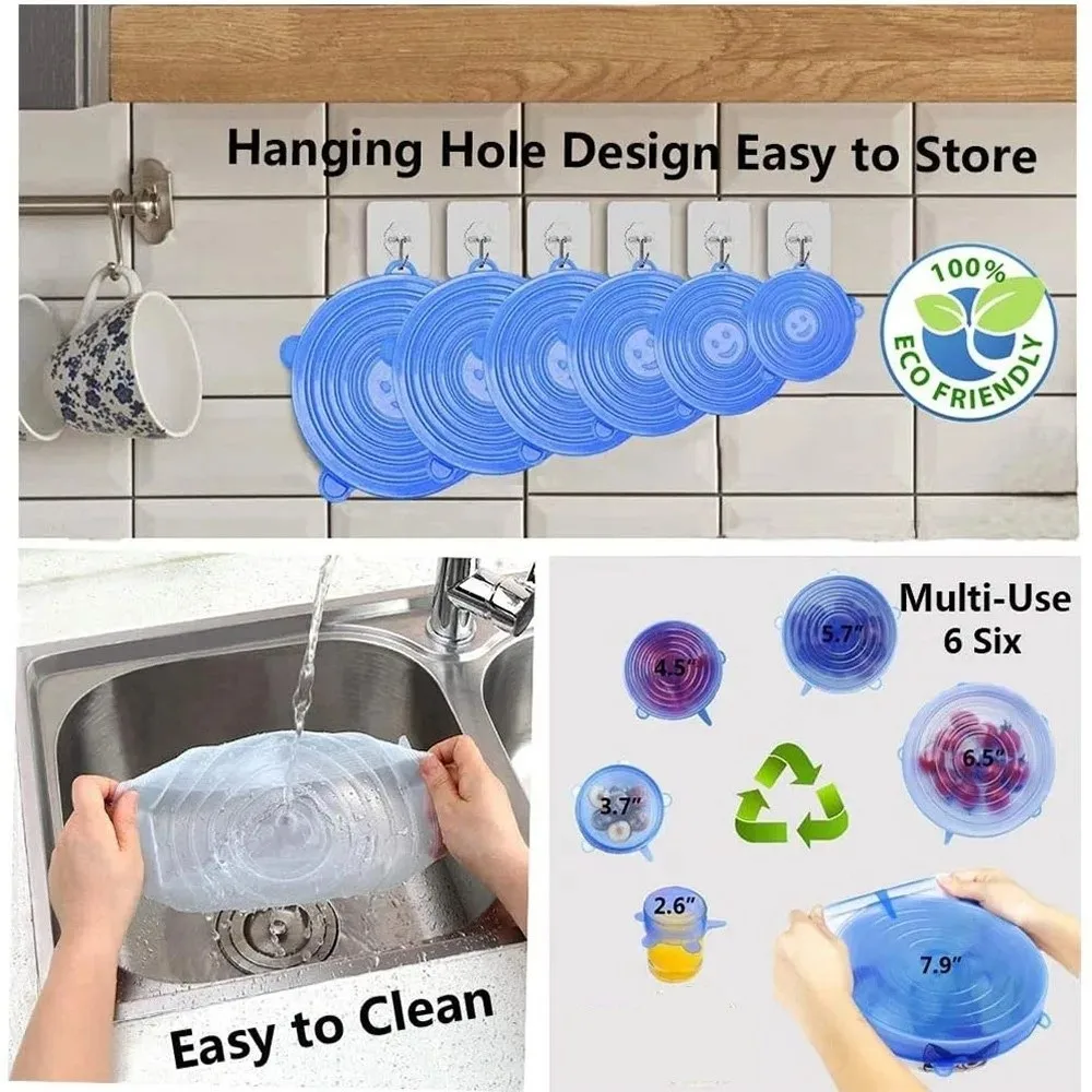 6PCS Food Reusable Fresh-keeping Cover Non-slip Kitchen Gadgets Silicone Lids Stretch Bowl Cap
