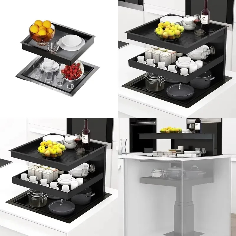 Voice-activated touch lift three-layer storage basket island countertop rack kitchen cabinet tool storage rack