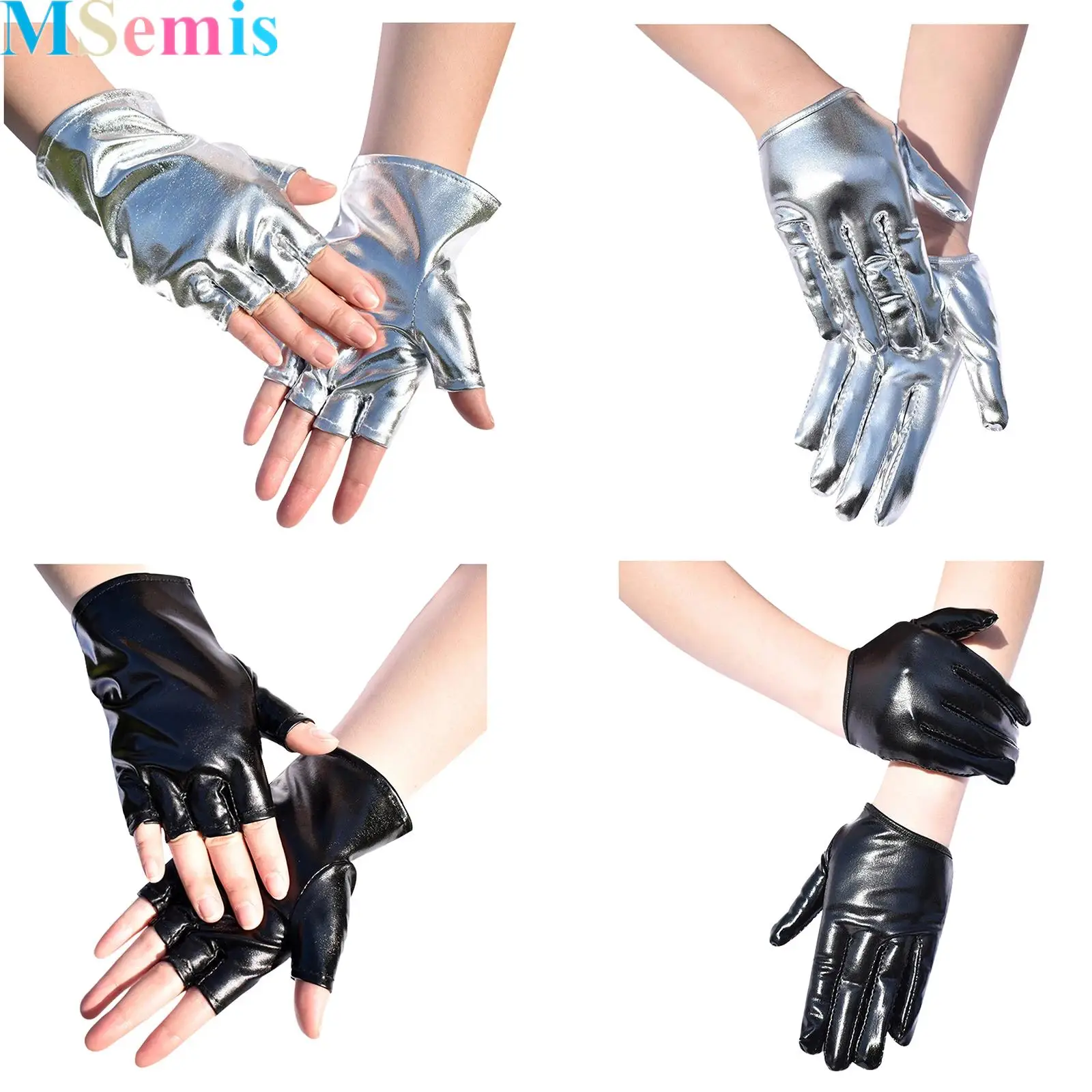 

1 Pair Women Punk-Style Gloss Patent Leather Gloves for Adults Halloween Cosplay Bar Night Club Dress Up Accessories