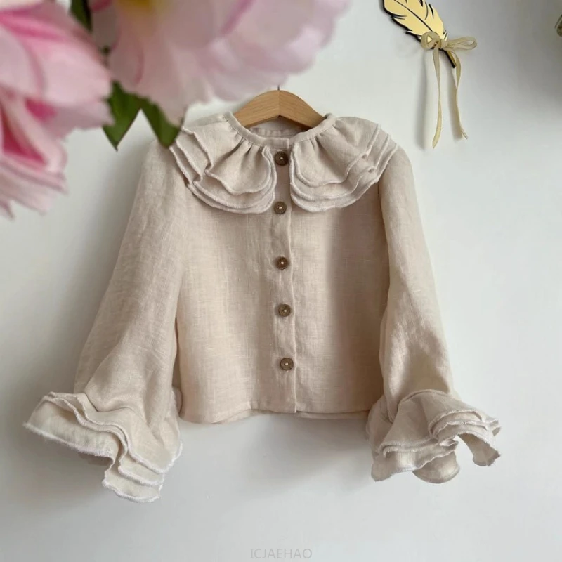 

Одежда для девочек-подростков, детская льняная блузка во французском стиле для девочек, костюм с рукавами, весенне-осенняя многослойная кружевная рубашка, универсальная детская длинная рубашка