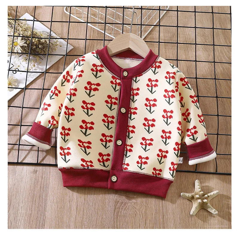 1-7T Children Long Sleeved Jacket Fur Padded Cute Girls Coat Kids Autumn Sweet Cherry Checkered Pattern Warm Cardigan Outwear