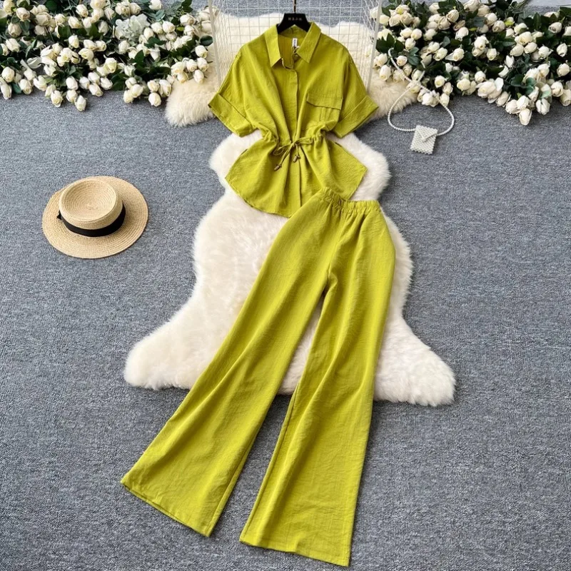 Summer New Two-piece Set for Women, Designer Waist-cinching, Versatile Short-sleeved Shirt, High-waisted Slimming Wide-leg Pants