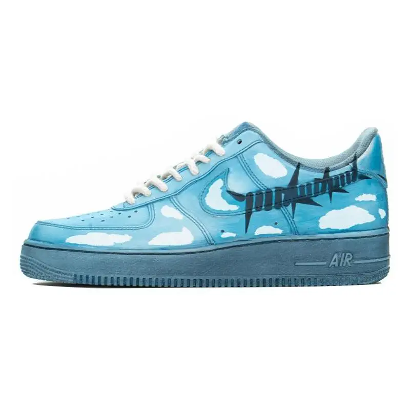 

[Custom The AF1 men's model is dyed in ice blue with white clouds]Nike Air Force 1 Anti-Slip Wear-Resistant Low-Top Skateboar