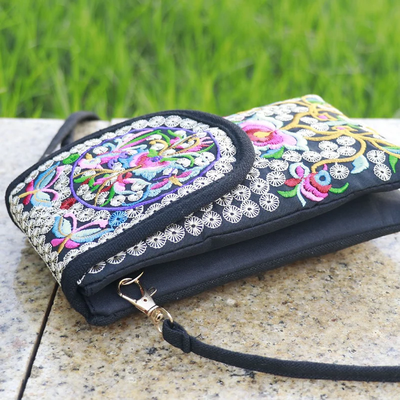 Nowy styl etniczny haftowane torby damska torba na telefon komórkowy z klapką płócienna torba Crossbody popularna dwuwarstwowa portfel