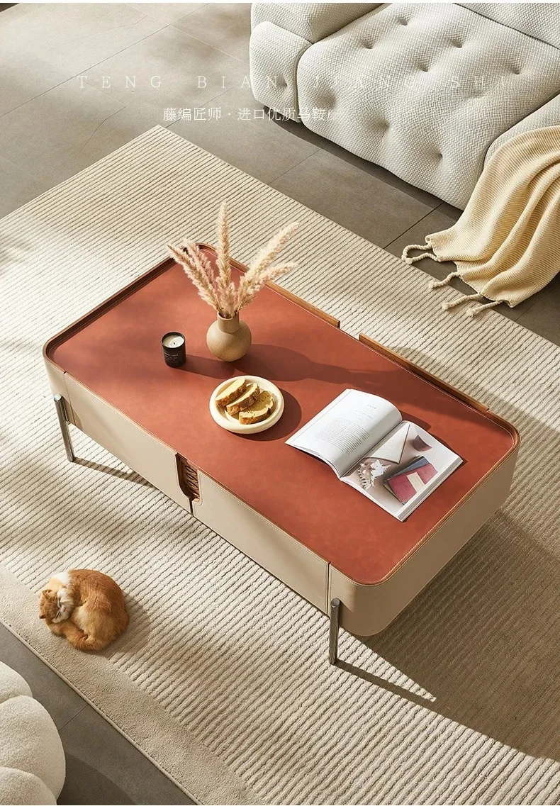

Minimalist Saddle Leather Coffee Table TV Cabinet Combination Small Apartment High-End Creative Leather Rounded Coffee Table