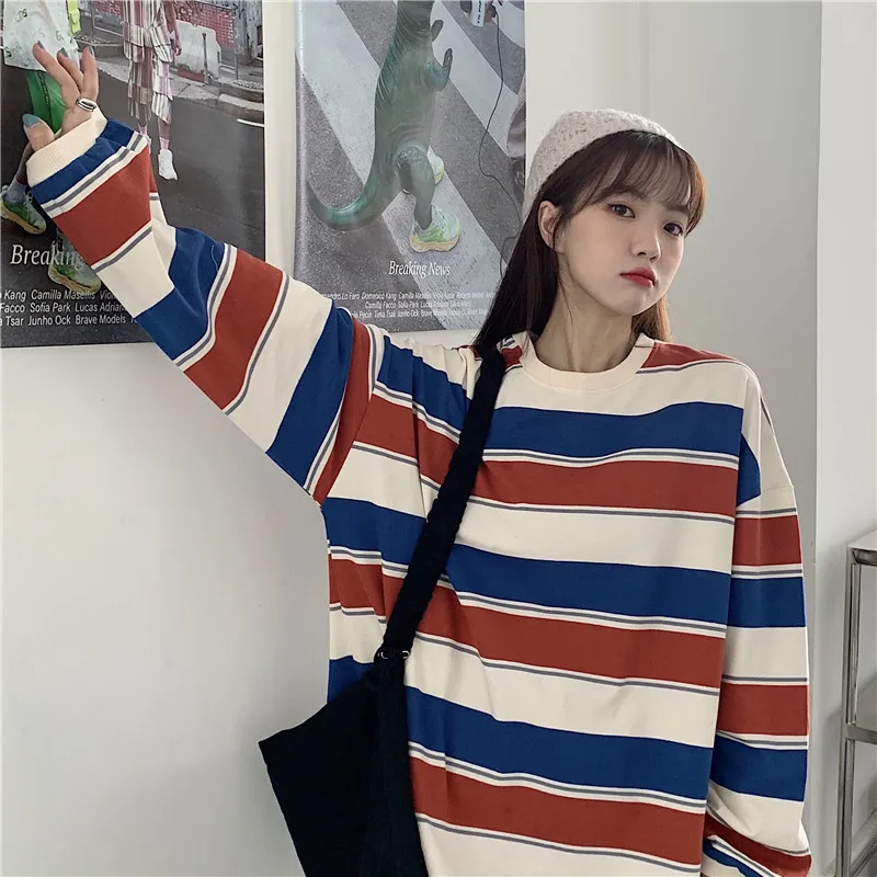 Striped T Shirt for Women 2026 Fall Winter Thin Loose Fit Long Sleeve Rainbow Stripe Casual Blouse Tee Top Plus Size Streetwear