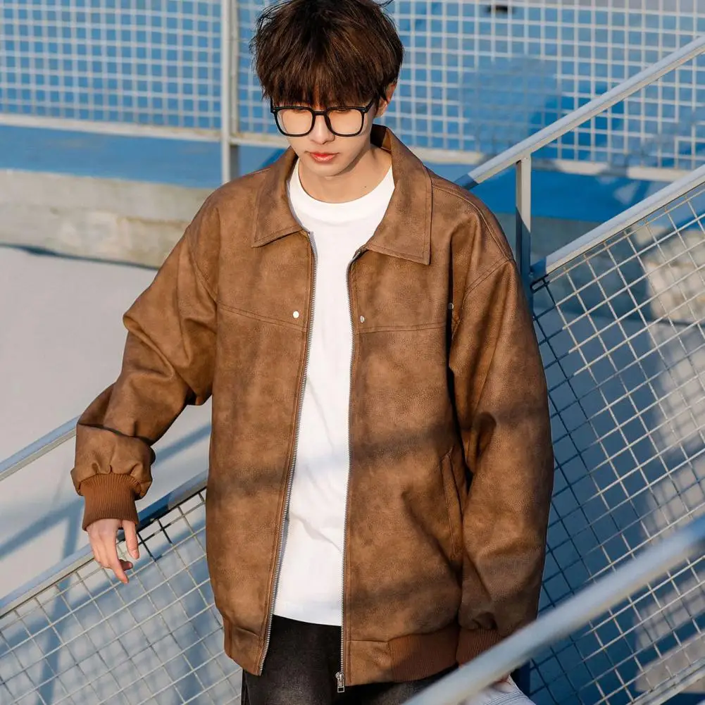 

Men Jacket Coat Lapel Long Sleeve Solid Color Coat with Pockets Loose Full Zipper Closure Versatile Outwear