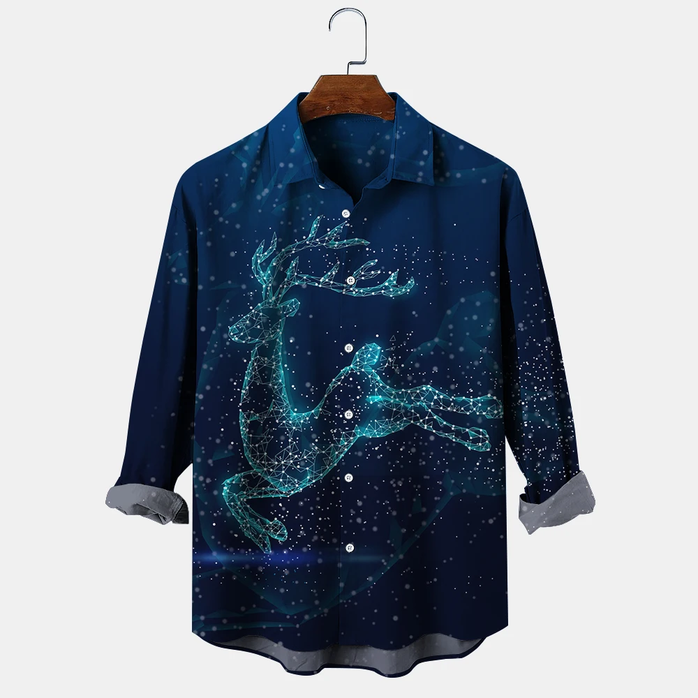 Christmas Letter Print Men's Shirts Casual Single-Breasted Blouses Long Sleeve Shirt Streetwear Lapel Tops Trend Men Clothing