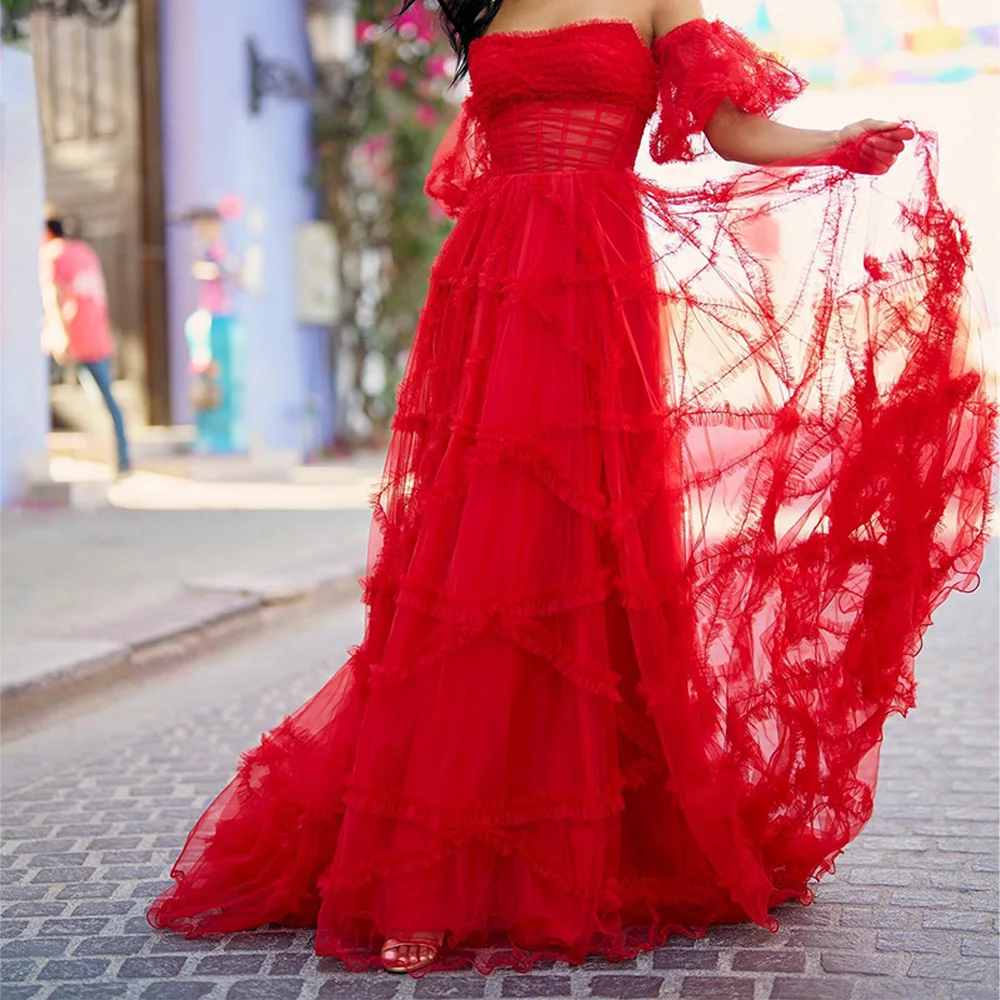 

A-Line Floor Length Strapless Tiered Tulle Solid Color Exquisite and Temperament Evening Dresses Sweep Train Red for Women 2024