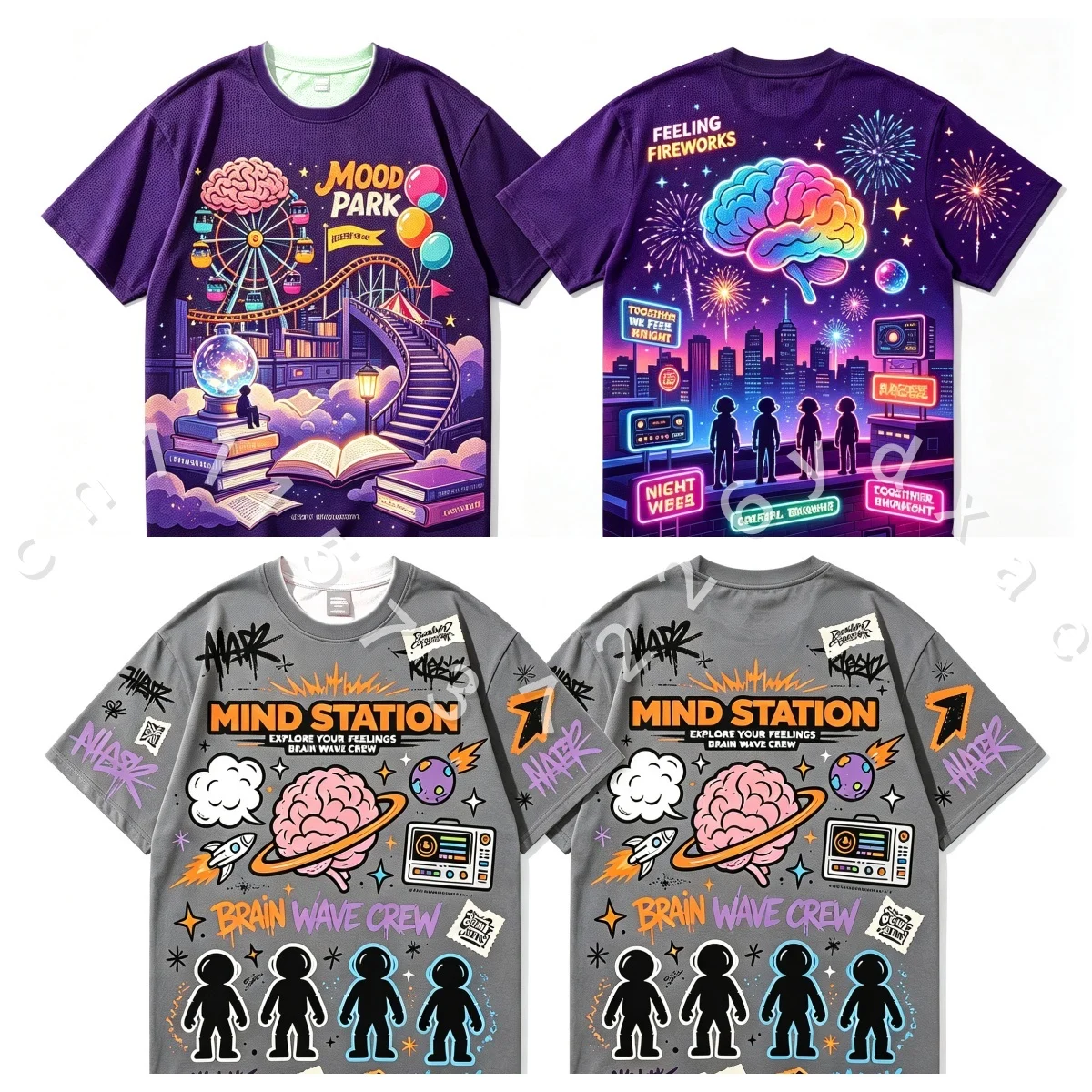 Rainbow Train Emotion Expression Printed Tee Vintage Cute Cartoon Brain Mood Design Breathable Polyester Oversized T-shirt