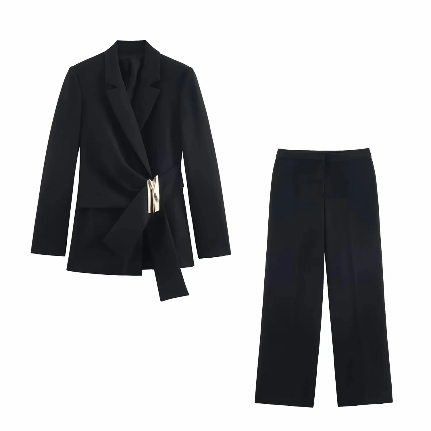 Vrouwen pak broek tweedelige set gesp decoratie lange mouw blazer jas + rechte pijpen broek 2-delige sets chique vrouw outfits - afbeelding 1
