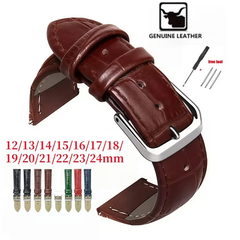 Genuine Leather WatchBands12/13/14/15/16/17/18/19/20/21/22/23/24mm Watch Strap Steel Pin buckle High Quality Wrist Belt Bracelet