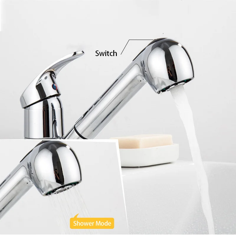 Pull Out Kitchen Sink Faucet with 2 Water Flow Modes Stream Sprayer Head 360 Degrees Telescopic Faucet Hot and Cold Mixer Tap