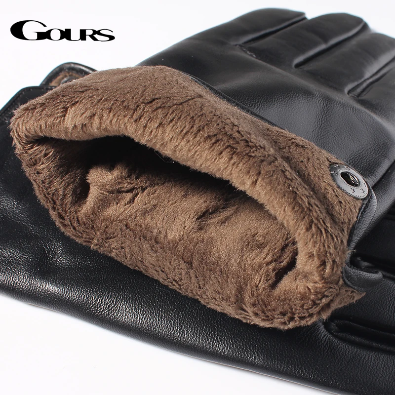 GOURS Real Leather Gloves Men Black Genuine Goatskin Touch Screen Glove Fashion Button Fleece Lined Soft Warm Driving New GSM051