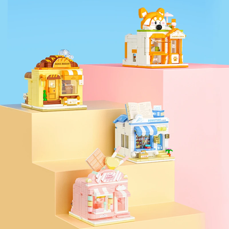 City Street View negozio di animali cibo panetteria pieghevole Building Blocks fai da te Candy House libreria modello giocattolo mattoni amici regalo per bambini