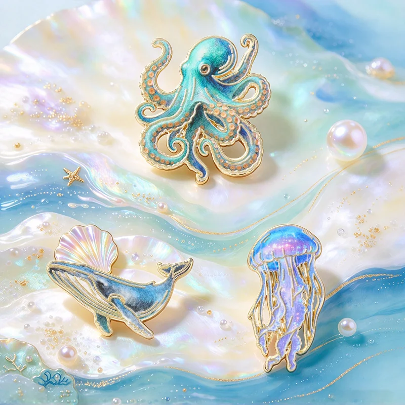 Marine Creature Badges Octopus Jellyfish Whale Ocean Theme UV Printing Pin Ocean Animal Brooch Decorative Accessories