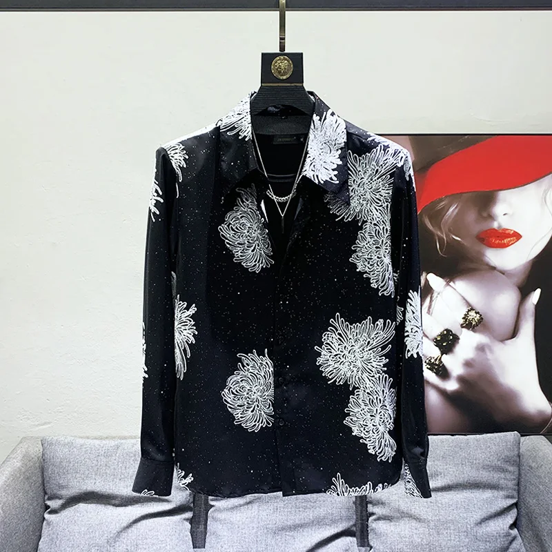 

Trendy Sequin Men's irt Loose Casual Design Sensation Small ence Print Long Sve arp Collar Youth Faion All Seasons