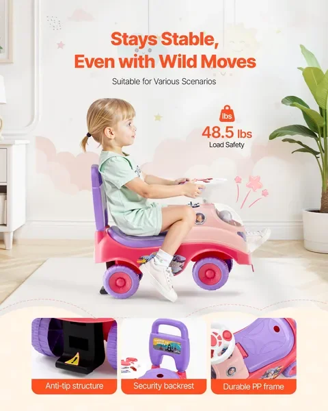 Samochodzik do pchania dla malucha, 19-36 miesięcy, zabawka dla dzieci z klaksonem i muzyką, udźwig 22 kg, schowek pod siedzeniem, różowy