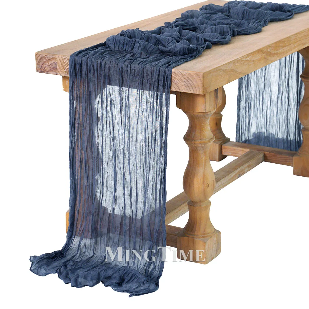 Elegant Pleated Semi-Sheer Gauze Table Runner in Dark Blue Creating Retro Wedding Party and Christmas Scenes Decoration