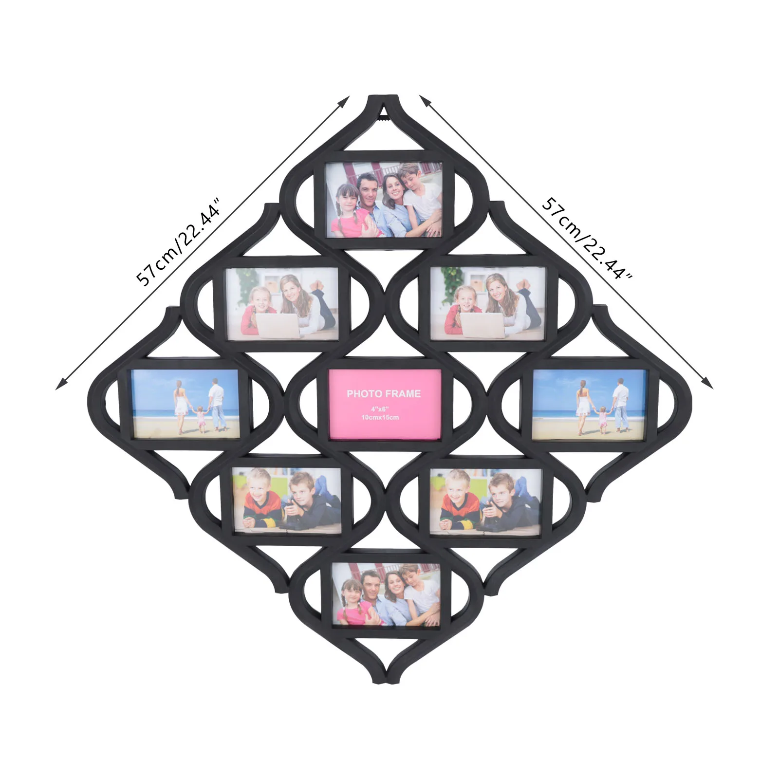 4x6 Wall Photo Frame Collage Diamond Shaped Wall Hanging Picture Frame Collage, 9- Opening Black