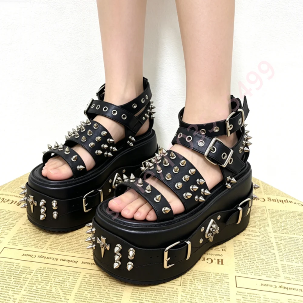 

2026 Summer New Black Punk Platform Sandals Women Gothic Style Flats with Rivet Decor Fashion Casual & Streetwear Footwear