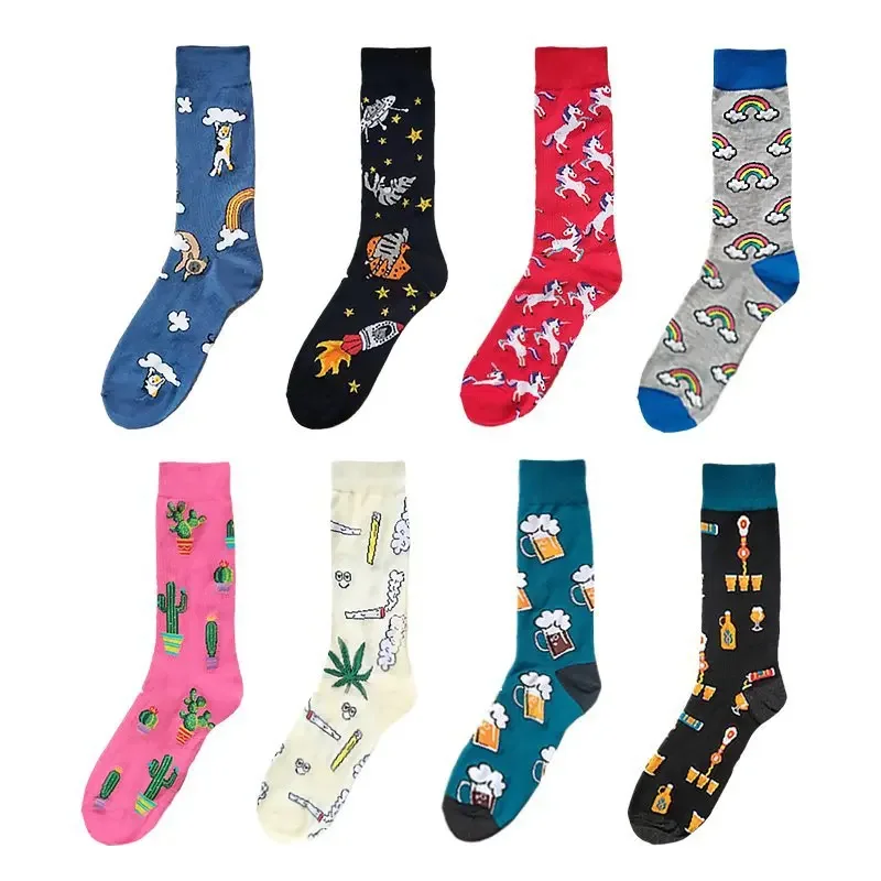 Fashion large size men's hip hop Harajuku happy socks animal dog flamingo plant cactus funny novelty skateboard crew socks