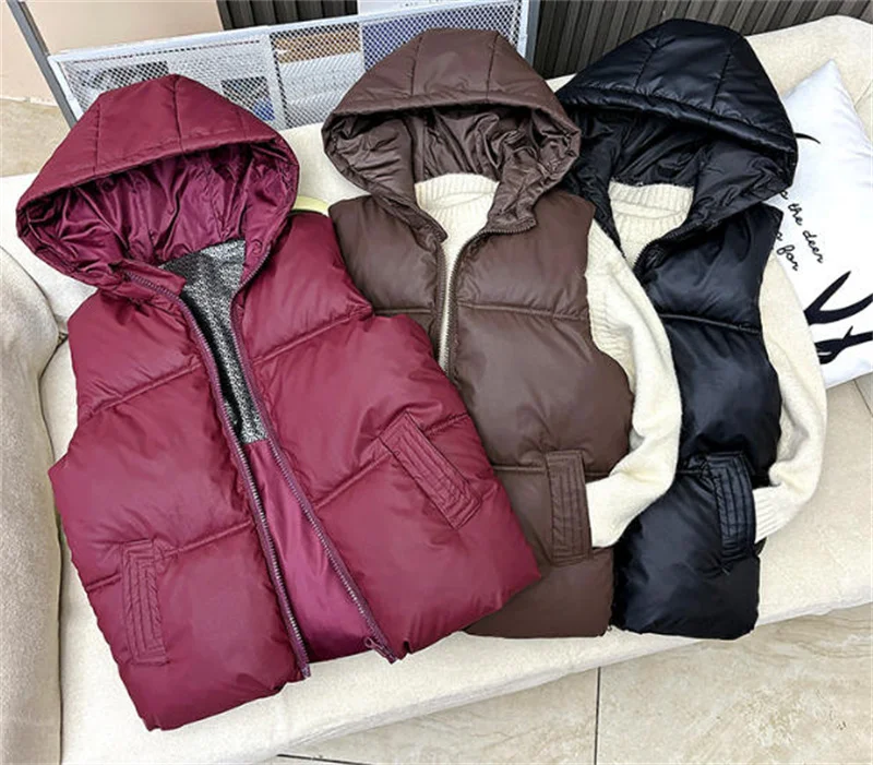 Children Winter Waistcoats Kids Thick Waterproof Vest Boys Outdoor Casual Hooded Warm Sleeveless Jacket Girls Solid Thermal Vest