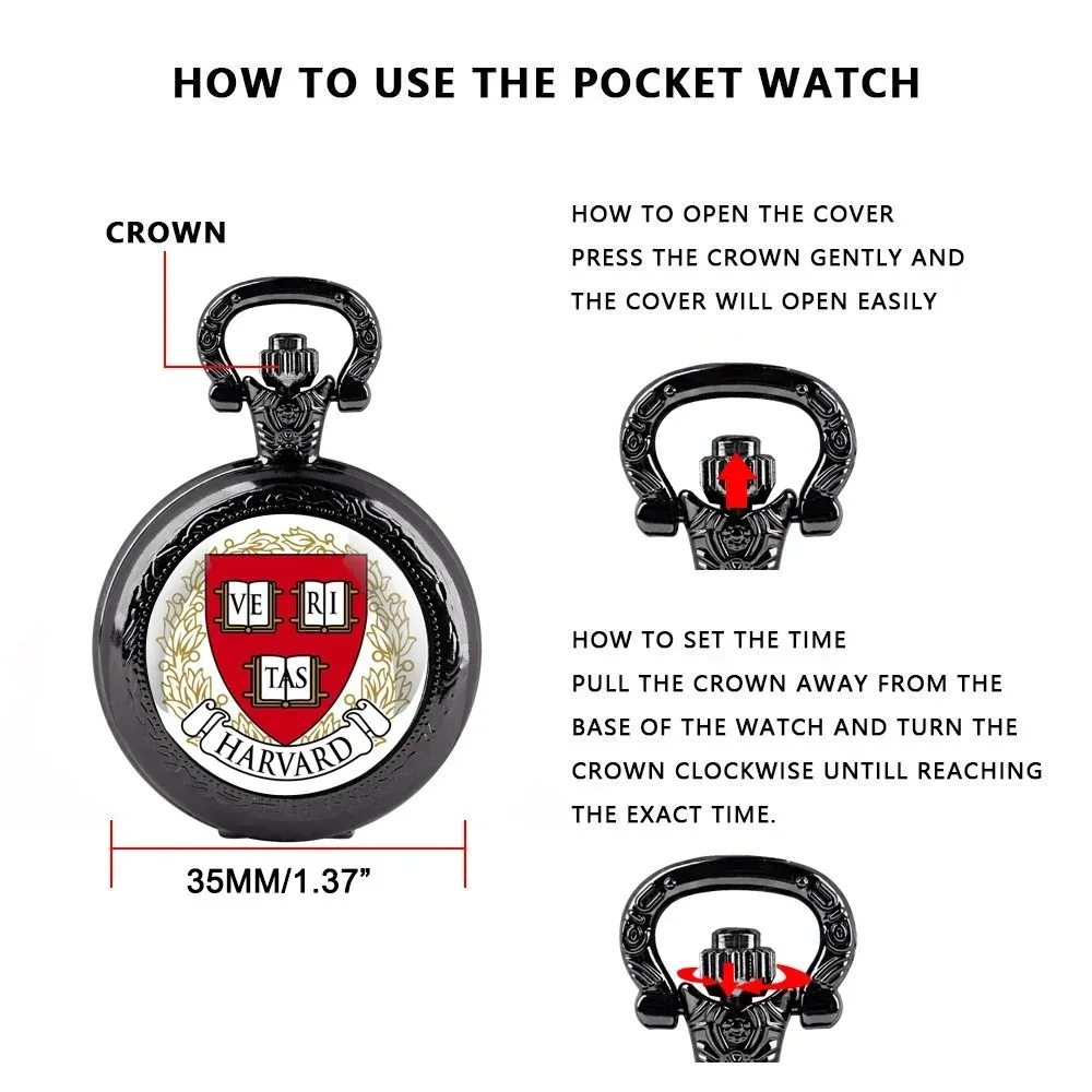 Relógio de bolso de quartzo com cúpula de vidro com logotipo da Universidade de Harvard com corrente para homens e mulheres, acessórios de joias requintados, presentes de aniversário