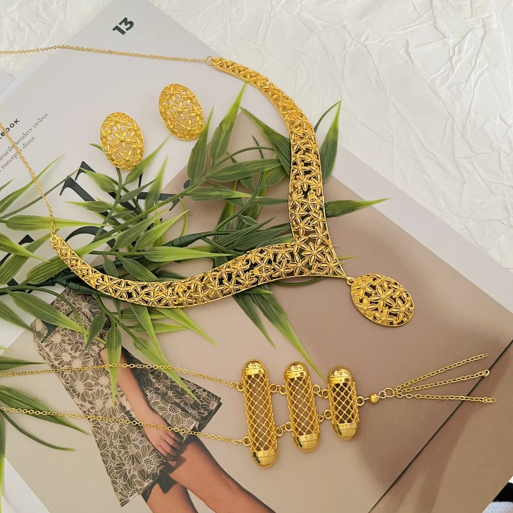 4 قطعة مجموعة مجوهرات النيجيرية مجوهرات الزفاف للنساء دبي 24K الذهب اللون مجوهرات الأفريقية مصمم أقراط قلادة الزفاف