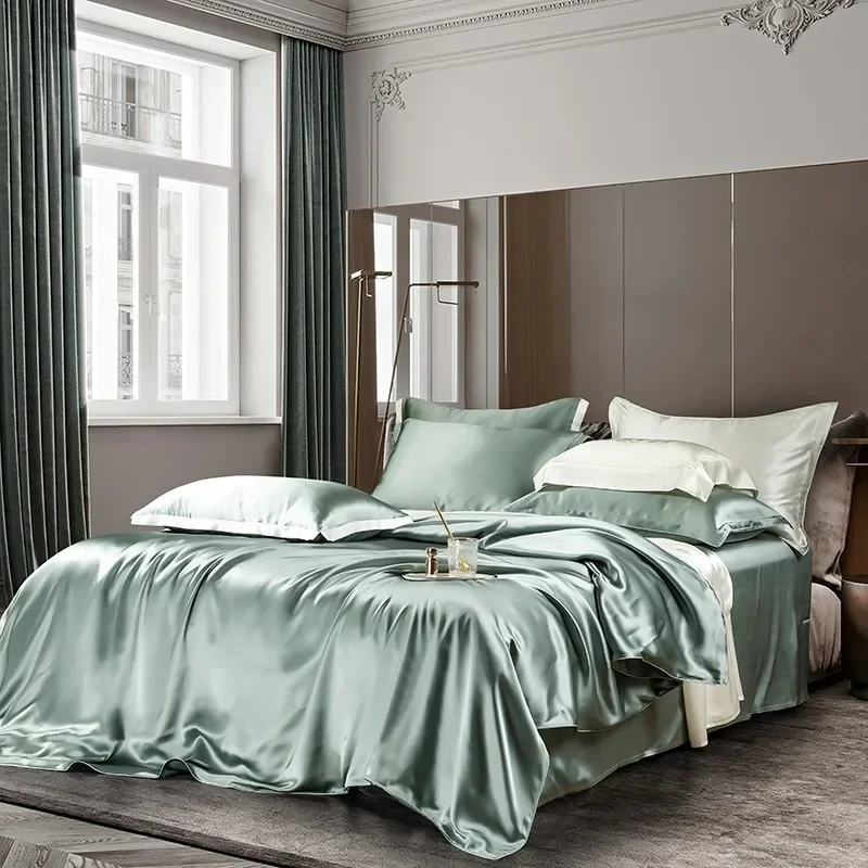 Top Grade Mulberry Silk 4Pcs Luxury Bedding set 22MM Greyish Green Soft Duvet Cover Flat sheet Pillowcases 3pcs set no sheet