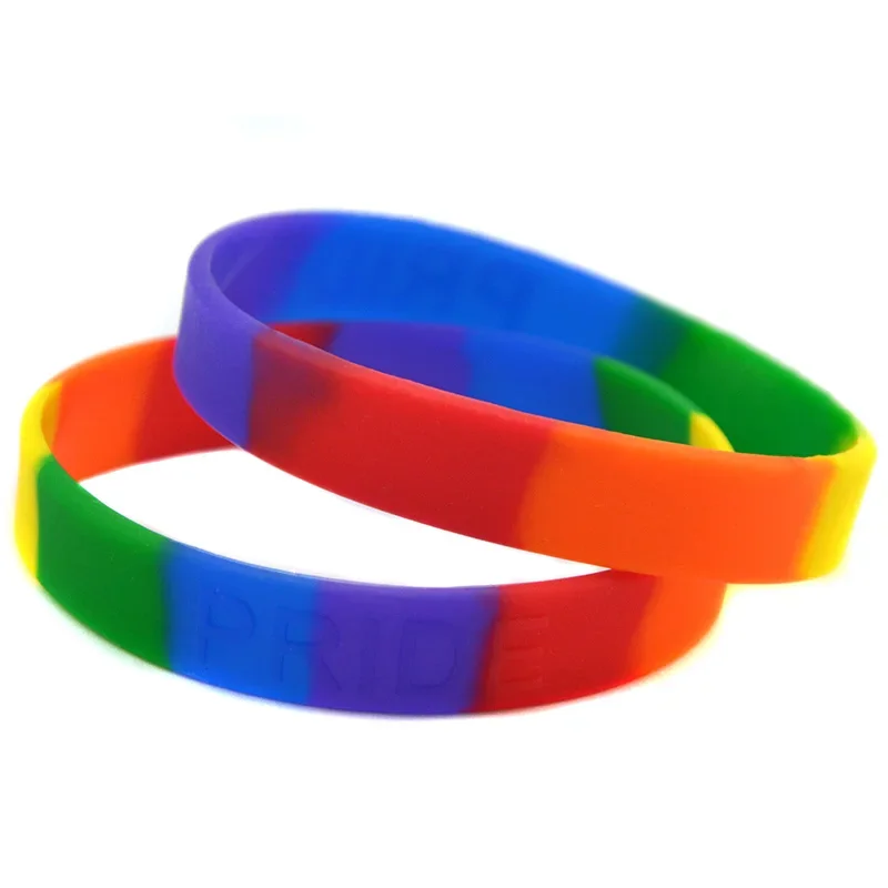 50 Pcs Pride Silicone Rubber Wristband Embossed Logo Rainbow Color Fashion Bangle