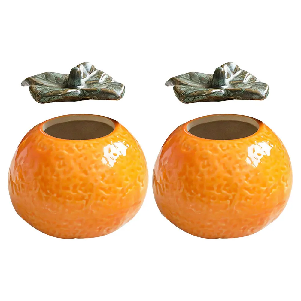 

2Pcs Ceramic Orange Jar Set Leaf Lid Decorative Storage Jars Food Container Cookie Snack Canisters Kitchen Table Decoration