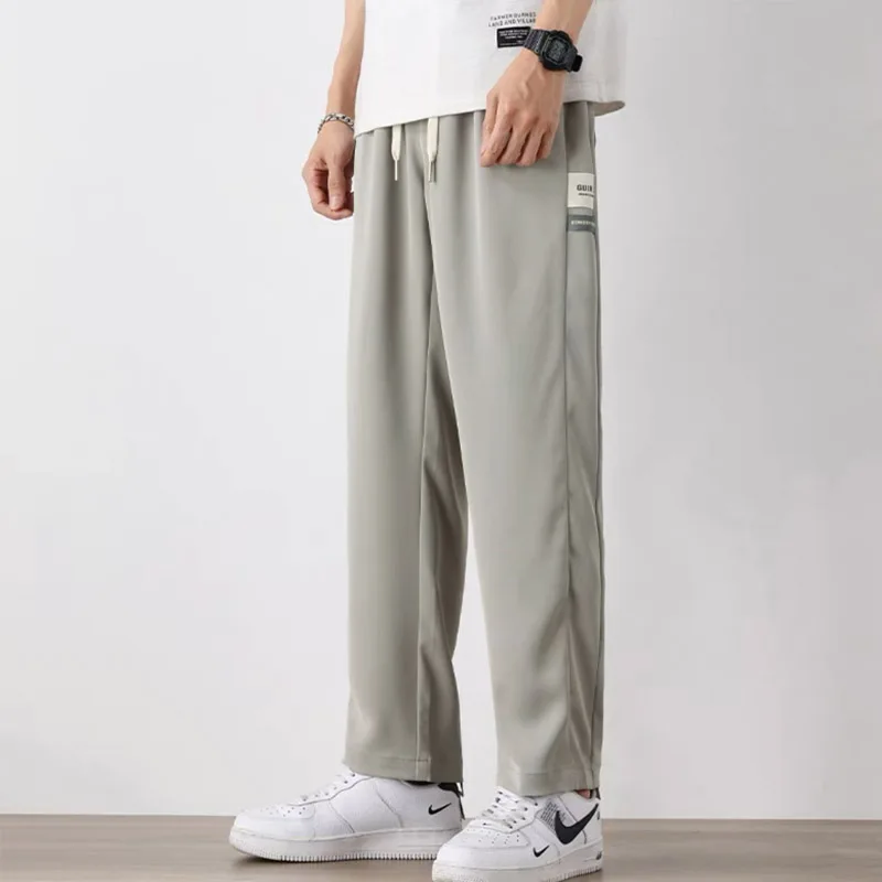 Summer Thin Quick Drying Patch Men's Wide Leg Pants Waist Drawstring Street Casual Loose Straight Cylinder All-match Trousers