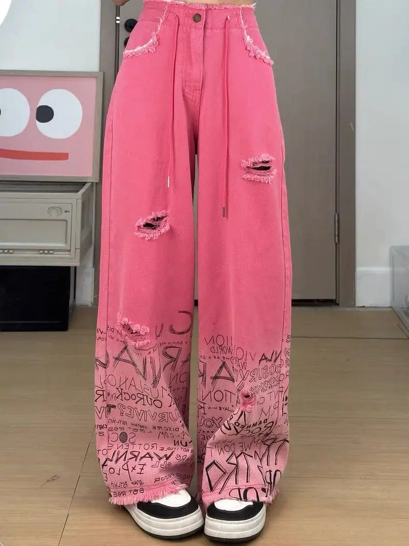 Dopamine pink pants for women's summer oversized distressed graffiti with furry edges, high waisted wide leg mop jeans