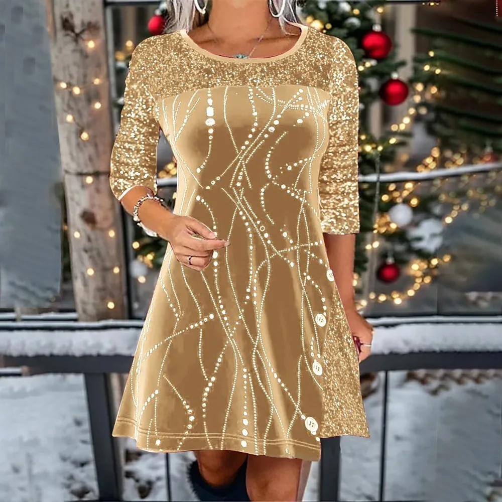 2026 neue frauen Drucken Casual Weihnachten Kleid Vintage Chic Muster Mini Kleider Herbst Winter Mode Pailletten Club Party Kleid