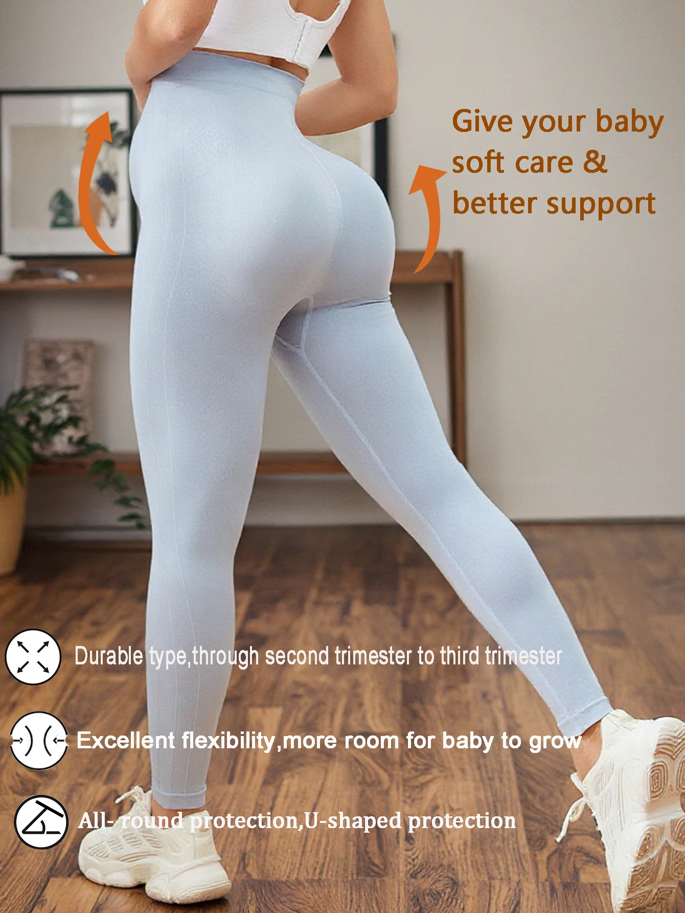 Light Blue Seamless Maternity Yoga Leggings High Waist Non-Roll Belly Support Ultra Stretch Breathable Workout Pants For All Sta view 3