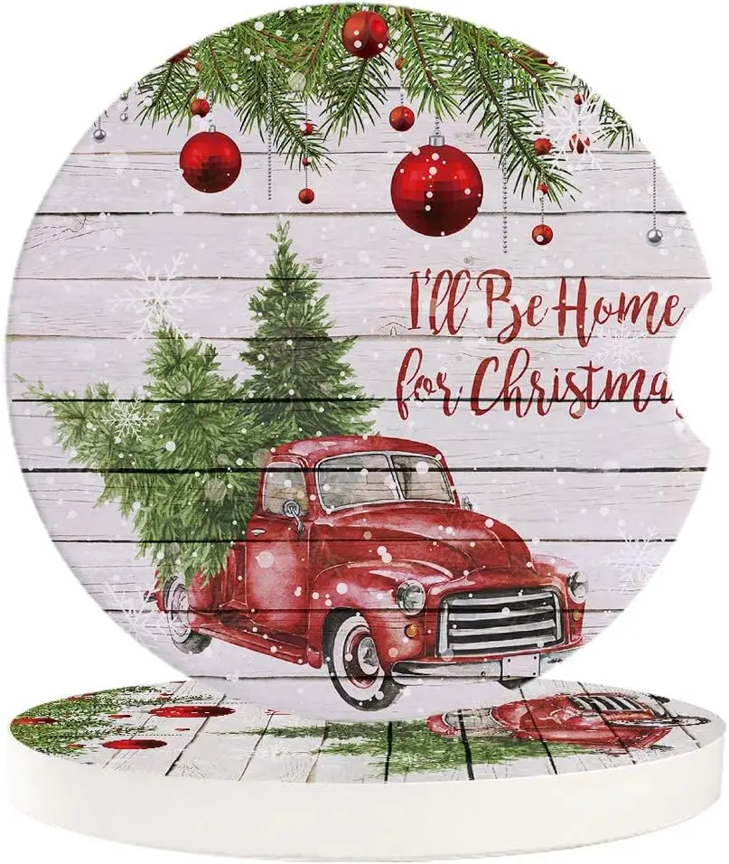 

2.56in Car Coasters 2 Pack I'll Be Home for Christmas Red Vintage Truck Carrying Xmas Trees Absorbent Ceramic Coasters for Car