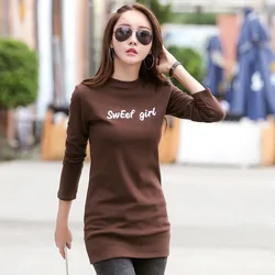 Nuova maglietta invernale donna manica lunga moda Camisetas Mujer o-collo Tshirt lunga tunica top autunno Basic Tees caldo pile spesso