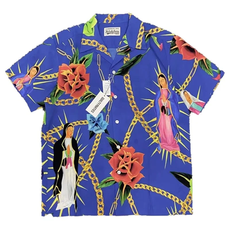 AI Trend WACKO MARIA Flower Chain Character Hawaii Short Sleeve Shirt Loose Casual Mens Womens High-end Colorblocking Shirt Tops