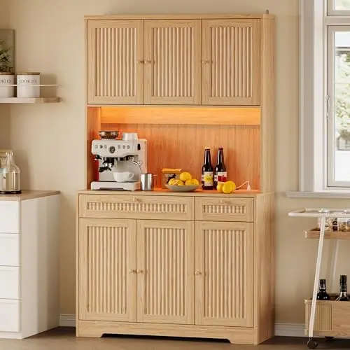Pantry Cabinet with Charging Station and Light, Tall Kitchen Pantry Storage Cabinet with Microwave Stand, Wide Fluted