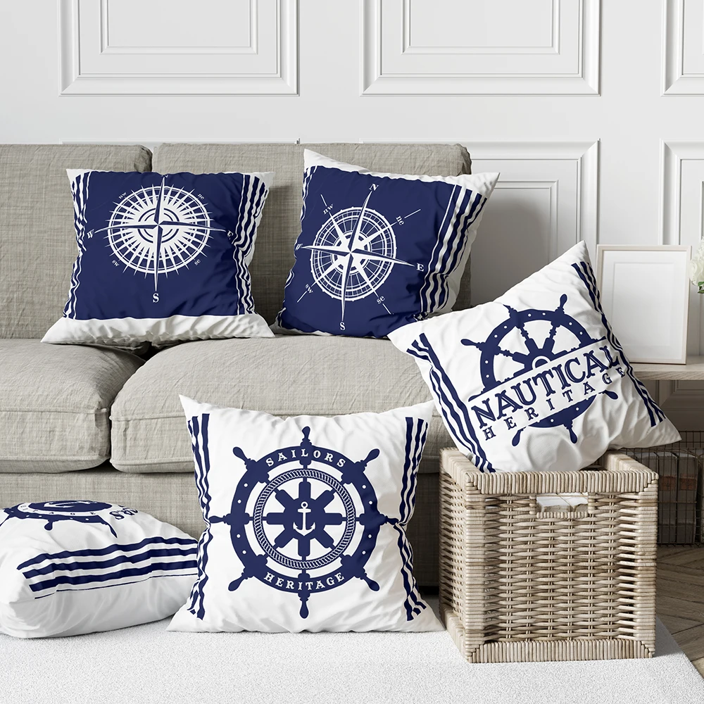 

Home decor blue nautical logo print cushion cover soft polyester pillowcase bedroom car funda de almohada